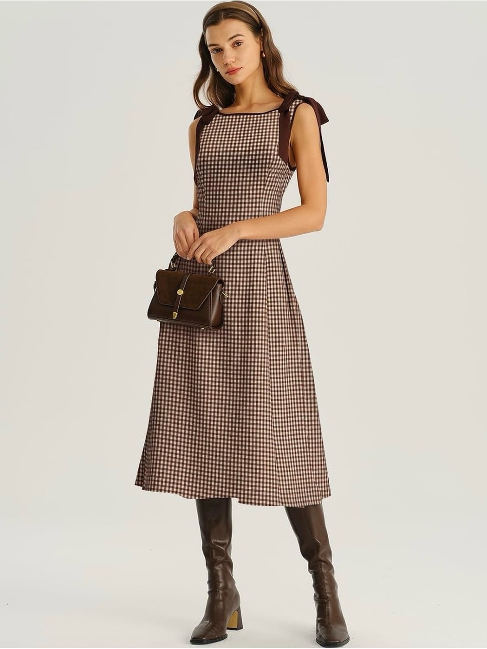 Classic Brown Gingham Tie-Shoulder Midi Dress
